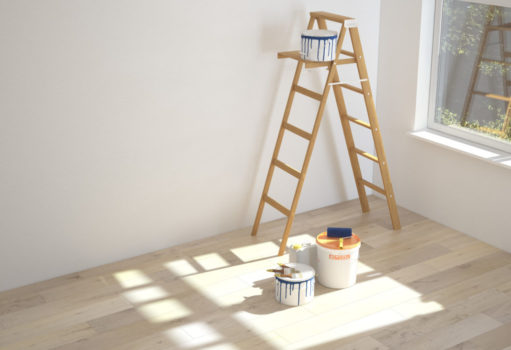 Painting walls in room with ladder. 3d rendering